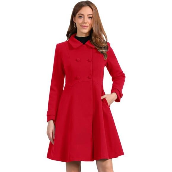 Women's Winter Coat Overcoat Lapel Collar Long Swing A Line Red - Picture 1 of 5